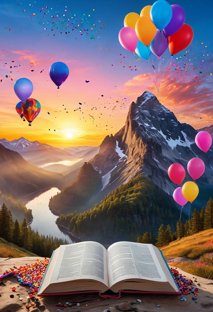 A serene landscape depicting a tranquil sunrise over a mountain range symbolizing contentment, transitioning into a vibrant and colorful scene of people joyfully celebrating their successes with balloons and confetti. In the foreground, an open book with motivational quotes can be seen, blending nature and positivity together. super-realistic. vibrant colors. inspirational atmosphere.