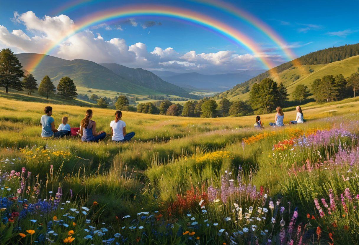 A serene landscape depicting a sunlit meadow filled with blooming wildflowers, where a diverse group of people is joyfully engaging in various activities like laughing, dancing, and meditating. In the background, a gentle hillside with a rainbow arcing across a clear blue sky, symbolizing hope and happiness. The scene should radiate warmth and positivity, inviting the viewer to feel the joy. vibrant colors. super-realistic.