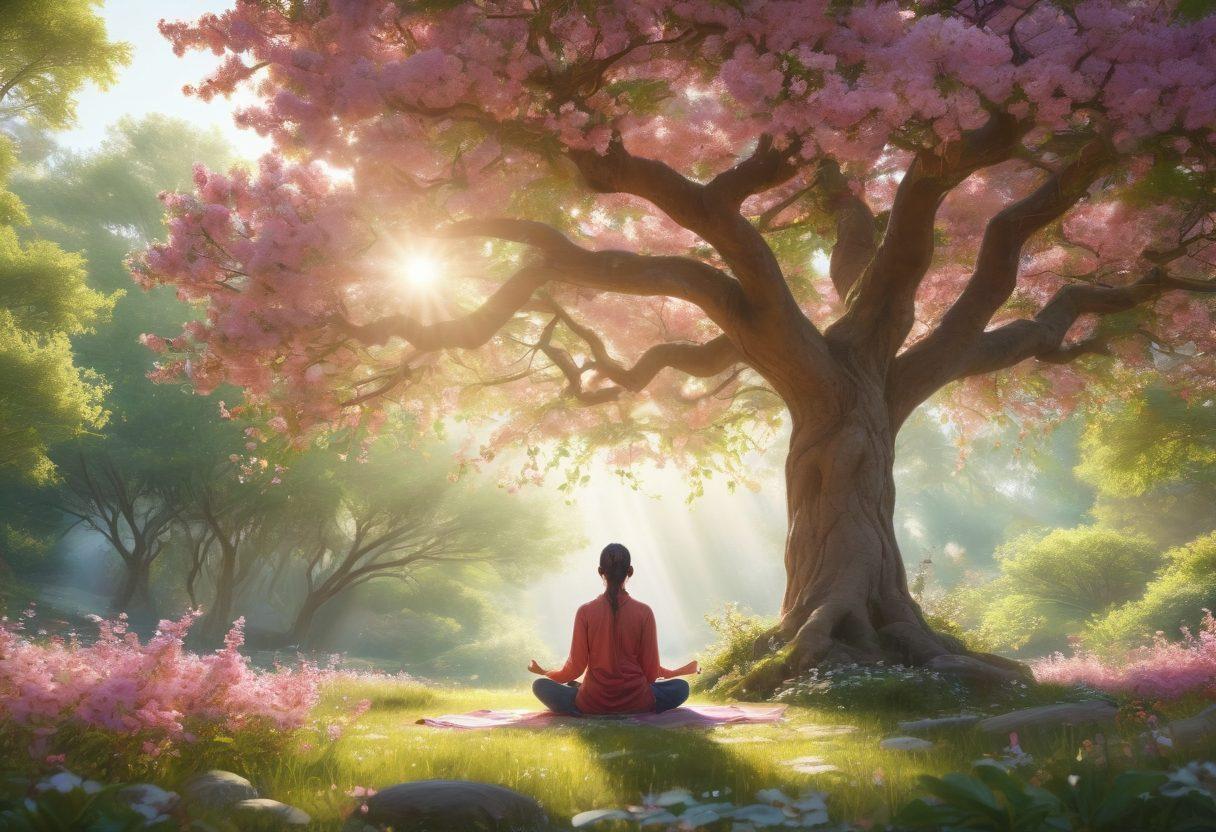 A serene landscape featuring a person meditating under a large, blossoming tree, surrounded by blooming flowers and soft sunlight filtering through the leaves. Incorporate elements of growth, like small plants and butterflies, to symbolize personal growth and emotional wellness. The scene exudes a sense of peace and positivity. vibrant colors. super-realistic. soft focus.